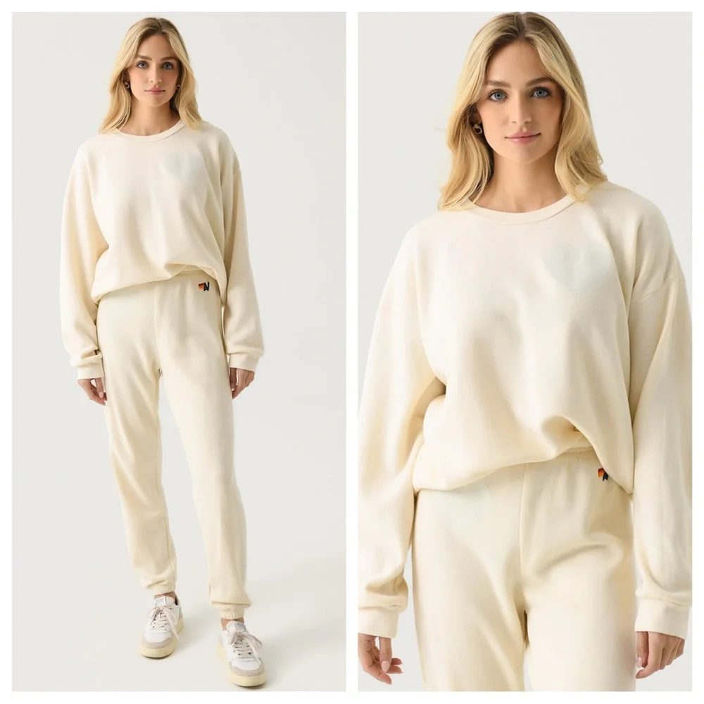 Aviator Nation Glitter Heart Crewneck Pullover Sweatshirt in Natural - Picture 1 of 13
